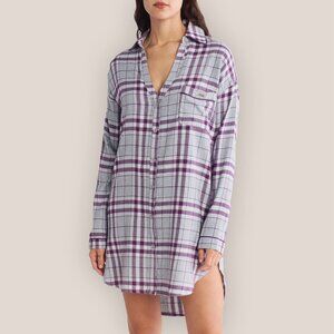 NEW Ted Baker London Flannel Night Shirt Pajama Night Gown Button Up Plaid Gray